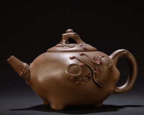 旧藏 紫砂堆雕松梅纹树桩茶壶