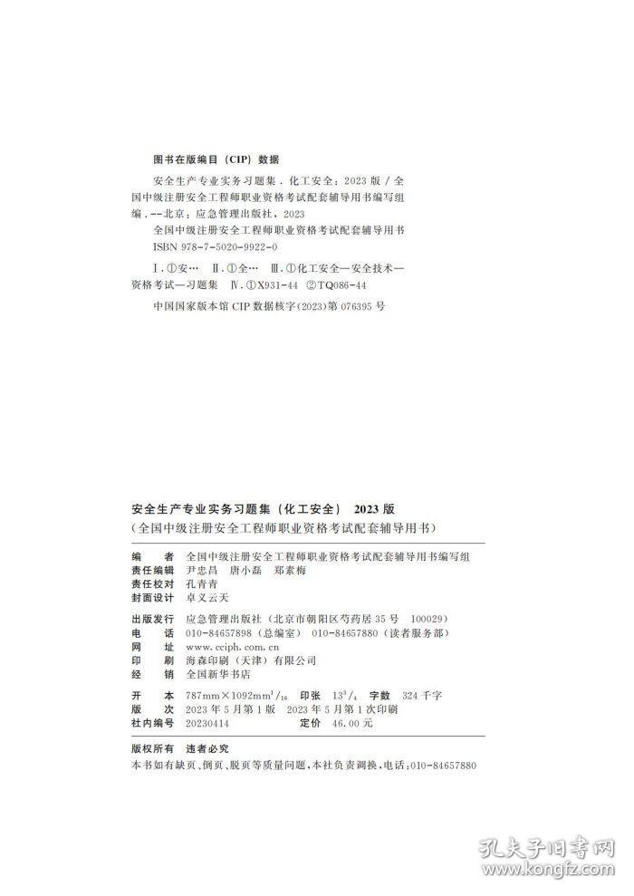 中级注册安全工程师教材 安全生产专业实务习题集.化工安全：2023版 9787502099220  46.00