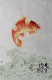 金陵画鱼人朱贵成作品  白云堂画廊保真 朱贵成工笔《鱼跃》70x46cm