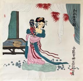 江苏省国画院副院长胡宁娜人物作品 白云堂画廊保真 胡宁娜老师精品《红枫抱琴图》69x69cm