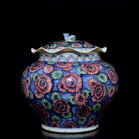 元青花红绿彩花卉纹荷叶罐