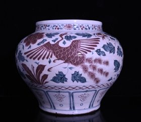 大明洪武青花釉里红孔雀牡丹纹罐一对