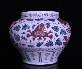 大明洪武青花釉里红孔雀牡丹纹罐一对