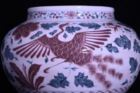 大明洪武青花釉里红孔雀牡丹纹罐一对