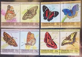 圣文森特的格林纳丁斯属岛联盟岛1985年邮票 蝴蝶银弄蝶、苧麻珍蝶、白斑红纹蛱蝶等8全