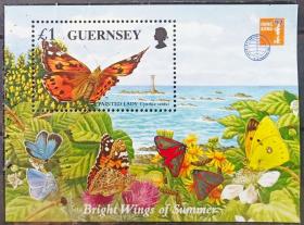 英属格恩济岛根西岛1997年小型张 香港邮展 蝴蝶蛾子花卉1全
