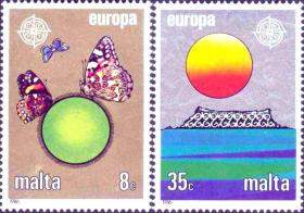 马耳他1986年邮票 欧罗巴 环境保护 地球四元素 土 气 火 水 蝴蝶2全
