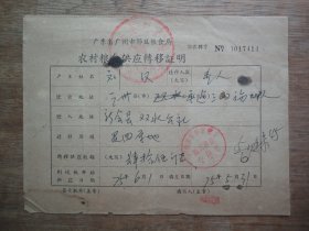 75年广东省广州市郊区粮食局农村粮食供应转移证明--到达地点：新会县双水公社