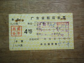 怀旧收藏--80年广东省航运客票--水口--广州（水口港发售）