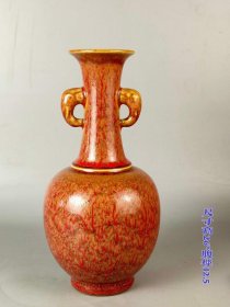29_大清康熙年制霁红釉单色釉双耳瓶，全品，保存完整，