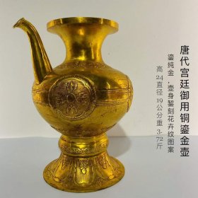 30_唐代宫廷御用铜鎏金壶。鎏纯金，壶身錾刻花卉纹图案，保存完好，高24直径19公分重3.72斤