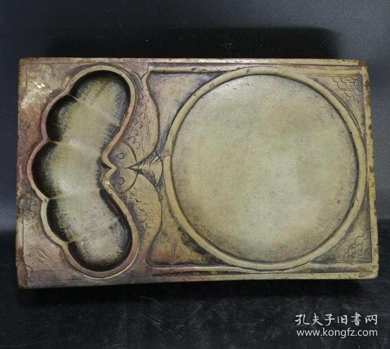 84古玩古书画文房雅玩明代荷花双鱼老坑绿端砚台大件摆件名砚官砚