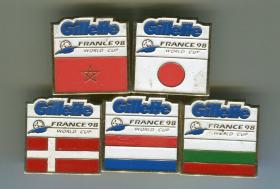 1998年 法国世界杯 足球 FIFA 徽章 Gilette系列 5枚合售 徽章