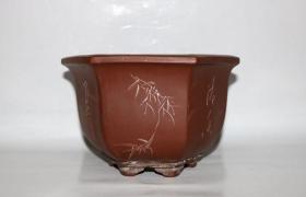 紫砂六方弓式花鸟诗文老紫砂花盆 好品相