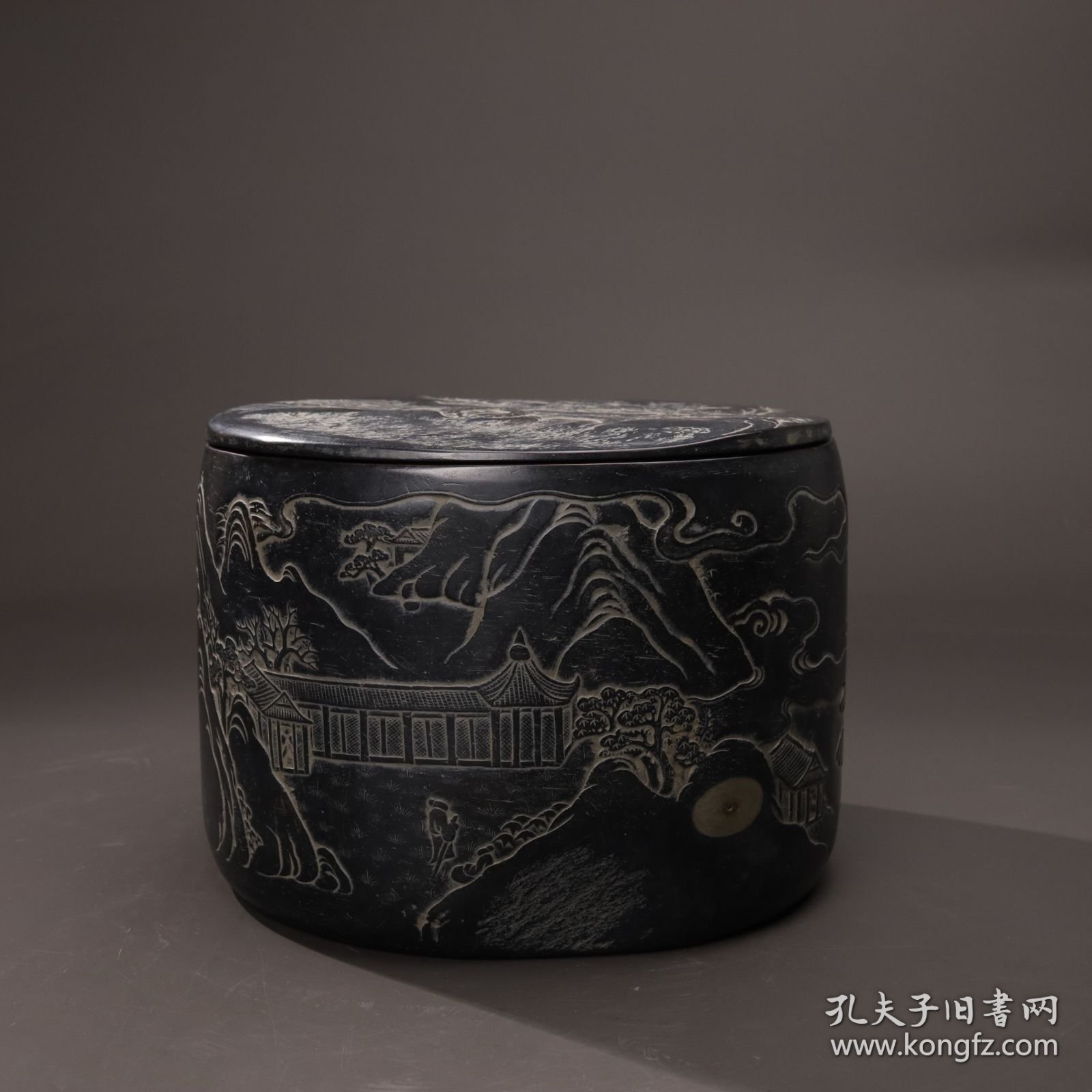 旧藏端石“园筒”盖砚“春韵”