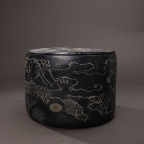 旧藏端石“园筒”盖砚“春韵”