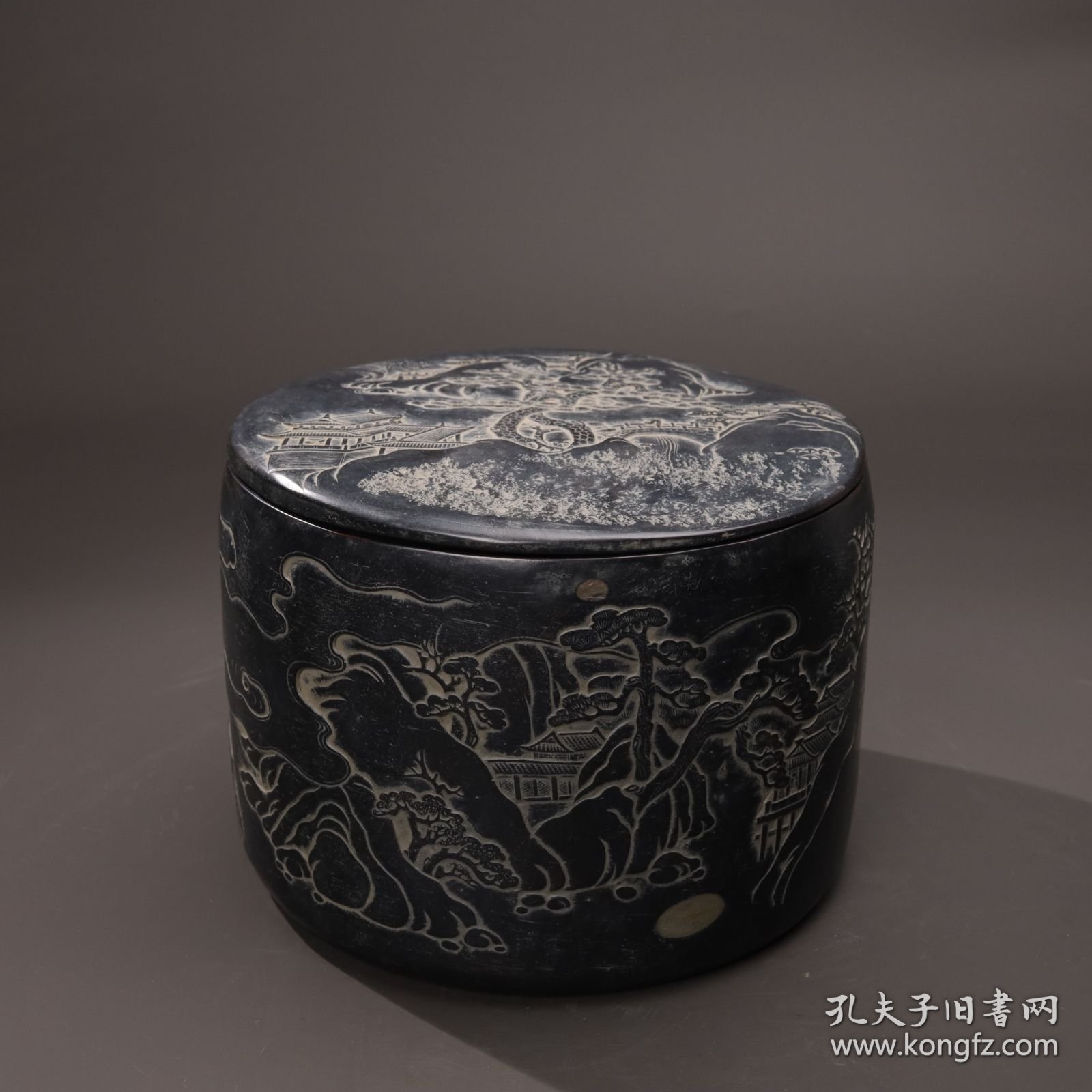 旧藏端石“园筒”盖砚“春韵”