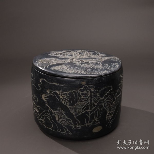 旧藏端石“园筒”盖砚“春韵”