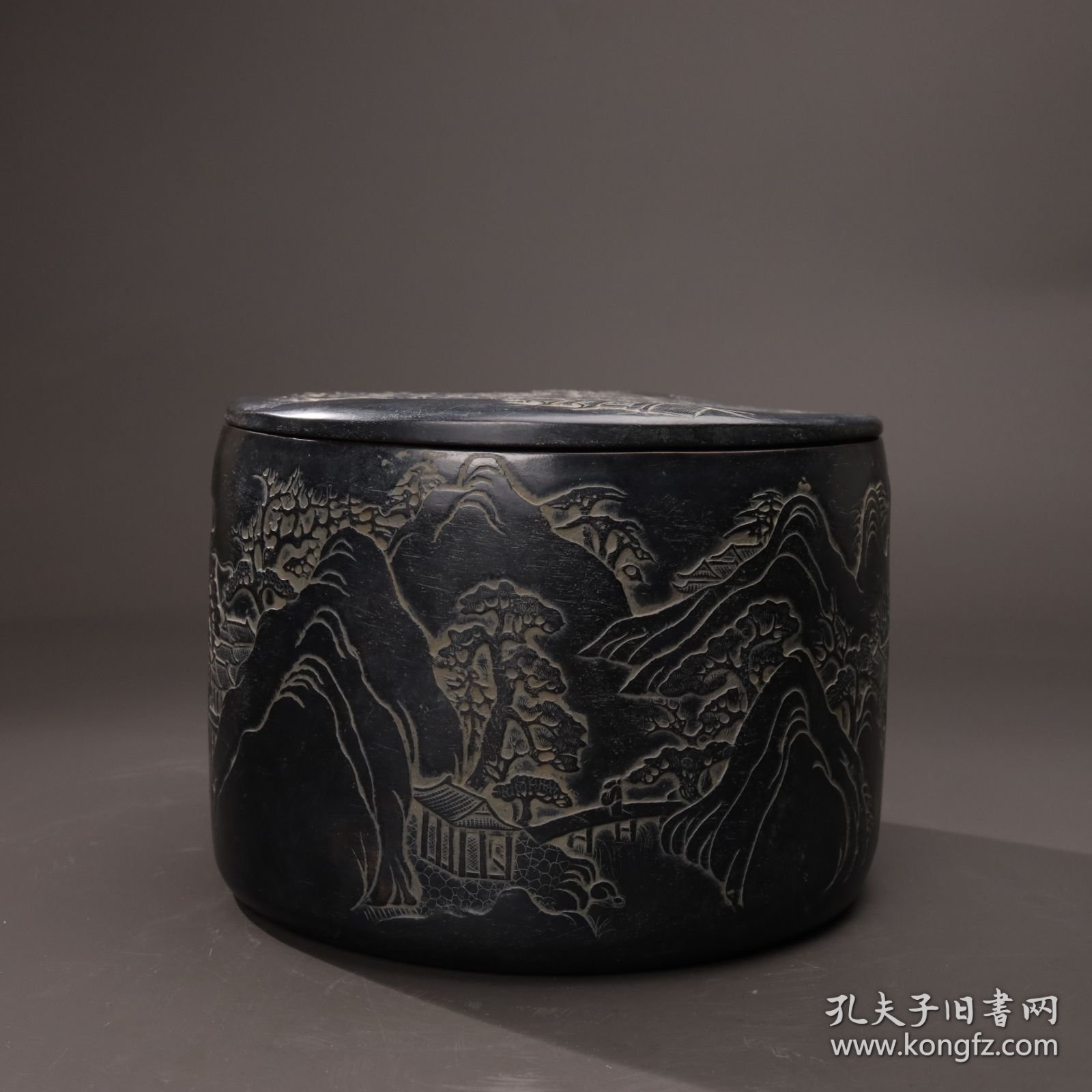 旧藏端石“园筒”盖砚“春韵”