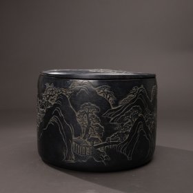 旧藏端石“园筒”盖砚“春韵”