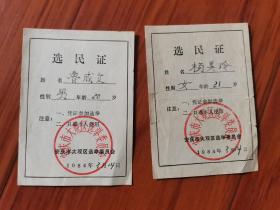 80年代选民证2张（安徽省安庆市大观区）