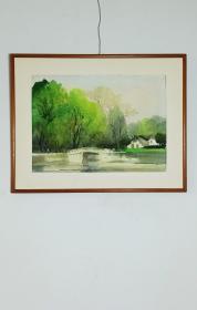 臧旭辉（江苏苏州著名油画家、水彩画家）水彩作品《小桥流水人家》带框