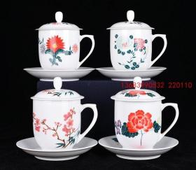 中国醴陵款釉中彩四季花卉纹茶杯1套4个