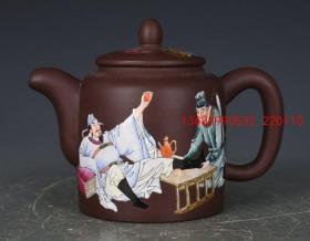 顾景舟底款粉彩力士脱鞋人物故事纹紫砂壶