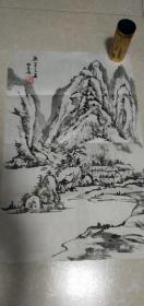 浙江艺术学校教授杜晨鹰山水画精品一张：山水茅屋图（35X53）CM【永久保真，详见图示】