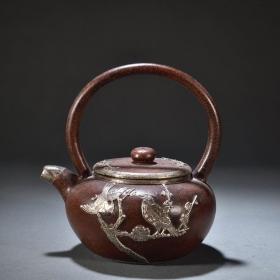 旧藏·老紫砂花鸟纹提梁茶壶