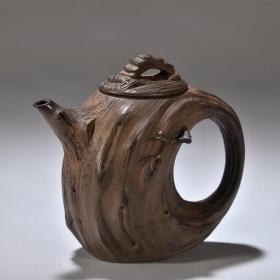 旧藏 石楳款老紫砂树桩形茶壶