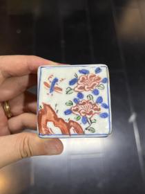 清代青花加彩印泥盒