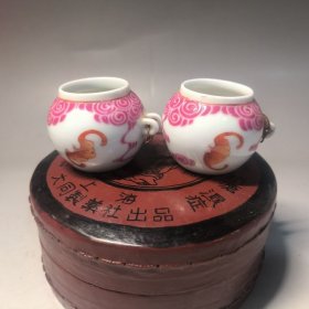 古玩旧藏矾红鸟食罐一对