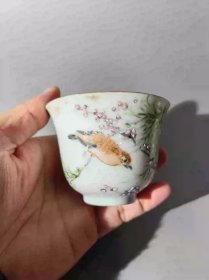 古玩旧藏浅绛彩花鸟瓷茶杯