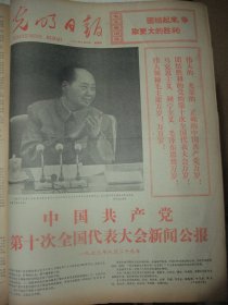 含党的十大专辑原版合订本：光明日报(1973年8月)赵志田中国画、朱铁川中国画、贾兴桐油画、徐希张广一组速写《人民公社纪事》、李恩清《七里营公社散记》、张铁生一份发人深省的答卷、记好医生石兰峰、刘英海赵仁套色木刻、王广艺版画、韦智仁版画、工人的画(王慎艺韩恒斌傅东星巩中立张金武刘钊祝益民等画作)、赵忠贵诗、谢谢炳锁《炼钢厂的年轻人》、中国共产党第十次全国代表大会新闻公报、第十届一中全会新闻公报等