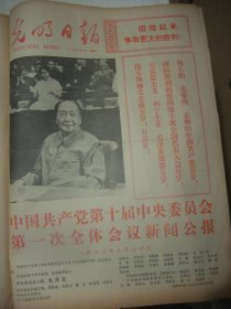 含党的十大专辑原版合订本：光明日报(1973年8月)赵志田中国画、朱铁川中国画、贾兴桐油画、徐希张广一组速写《人民公社纪事》、李恩清《七里营公社散记》、张铁生一份发人深省的答卷、记好医生石兰峰、刘英海赵仁套色木刻、王广艺版画、韦智仁版画、工人的画(王慎艺韩恒斌傅东星巩中立张金武刘钊祝益民等画作)、赵忠贵诗、谢谢炳锁《炼钢厂的年轻人》、中国共产党第十次全国代表大会新闻公报、第十届一中全会新闻公报等