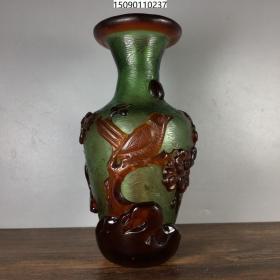 古董古玩杂项收藏 老琉璃洒金浮雕喜上枝头瓶15*7CM