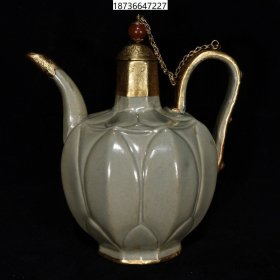 旧藏老瓷器越窑包铜鎏金镶宝石壶，23×20