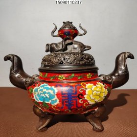 旧藏老铜器铜景泰蓝掐丝珐琅彩万象炉熏香23/22CM2150克