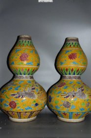 元代黄釉掐丝珐华彩雕刻花鸟纹葫芦瓶一对1