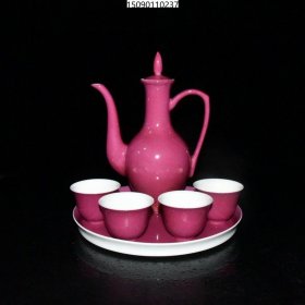 清代雍正胭脂红釉酒具一套【壶 22×17杯4.9×6.6盘2.3×22.3c