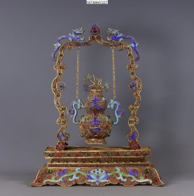 臻品旧藏纯手工打花丝鎏金镶嵌宝石烧蓝”葫芦瓶摆件34/27CM