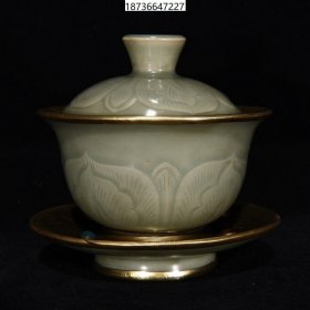 旧藏老瓷器越窑包铜鎏金镶宝石盖碗，10.5×11