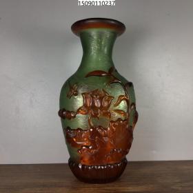 古董古玩杂项收藏 老琉璃洒金浮雕鱼跃龙门瓶14*7CM