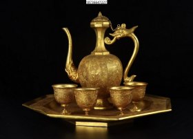 臻品旧藏纯手工錾刻铜鎏金酒具一套 26/24CM，总重2140克