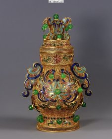 臻品旧藏纯手工打造清代花丝鎏金镶嵌宝石烧蓝双耳罐25/13CM638克
