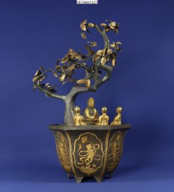 臻品旧藏鎏金高浮雕錾刻佛像“菩提树讲经”盆景36/22CM