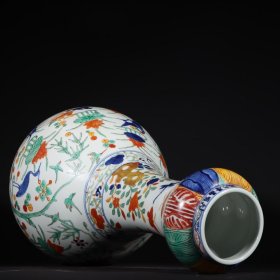 旧藏明代万历五彩莲池鸳鸯蒜头瓶一对高56cm口径9.5cm肚径29底19.2cm