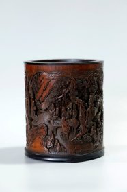 旧藏老竹雕笔筒：西园雅集 藏品雕工古朴，刻画维妙维肖，品相完好，赏玩佳品！ 尺寸：直径15cm，高17.5cm