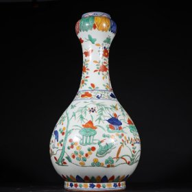 旧藏明代万历五彩莲池鸳鸯蒜头瓶一对高56cm口径9.5cm肚径29底19.2cm